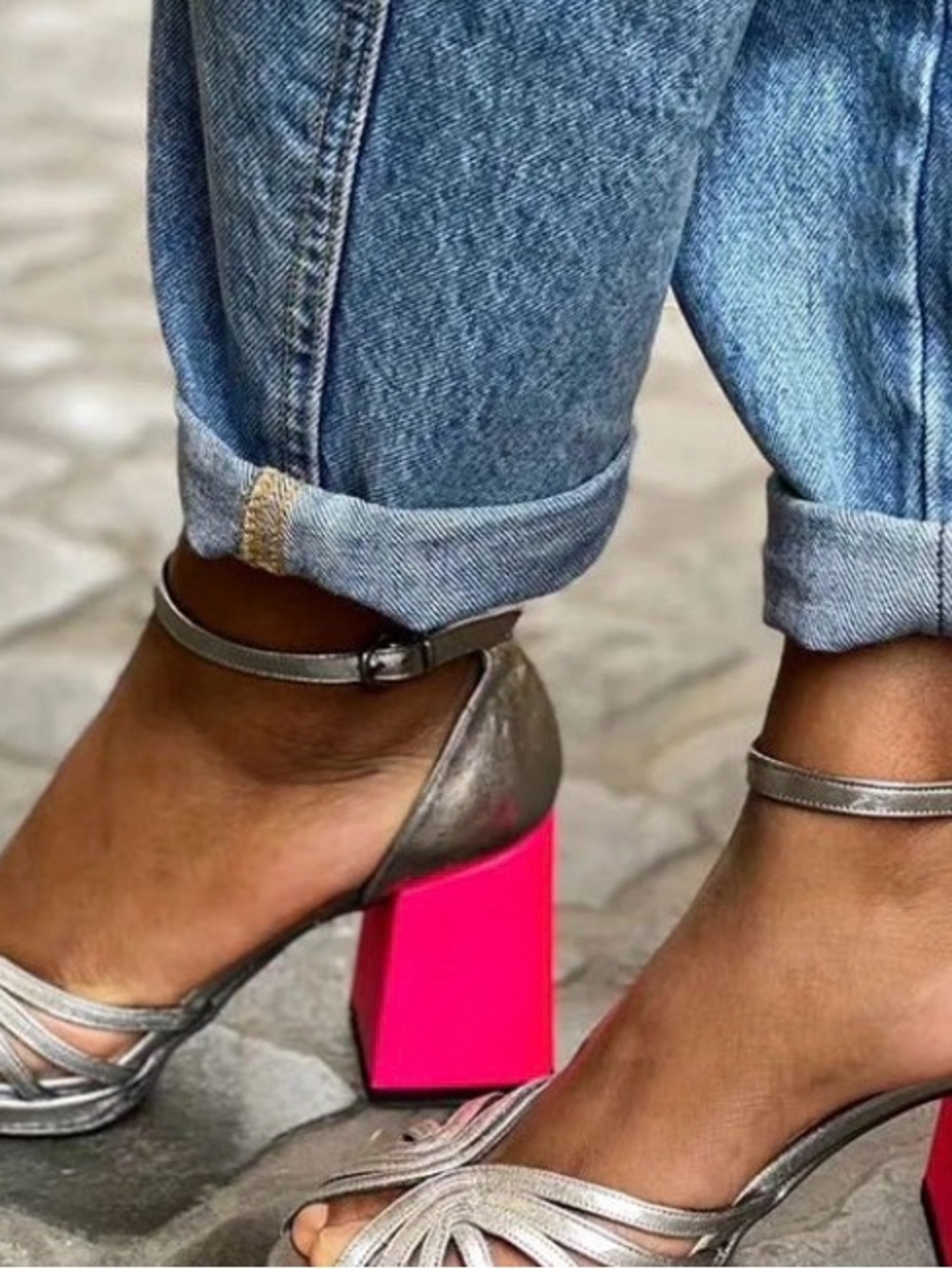 Metallic Silver Heeled Sandals with Hot Pink Block Heel